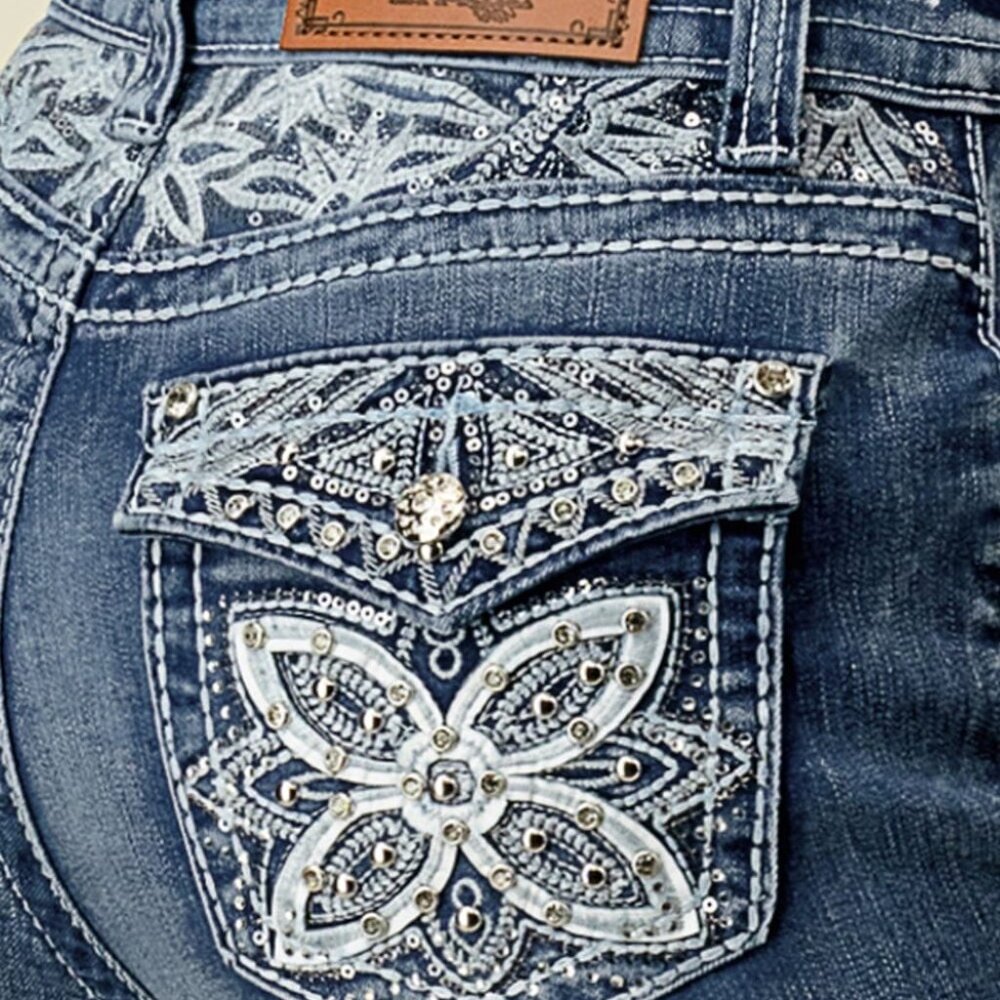 High Waist Boot Cut Jeans, Embroidered Waist and Back Pockets